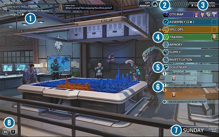 The image above shows a sample command center main screen - XCOM Chimera Squad: Interface - Basics - XCOM Chimera Squad Guide