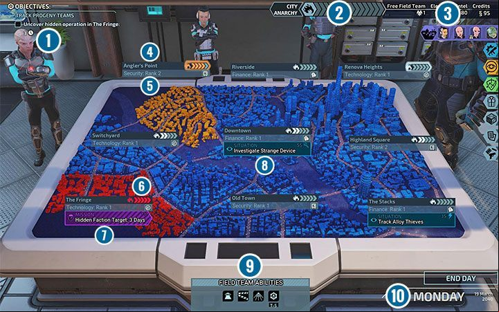 The image above shows a sample city map screen - XCOM Chimera Squad: Interface - Basics - XCOM Chimera Squad Guide