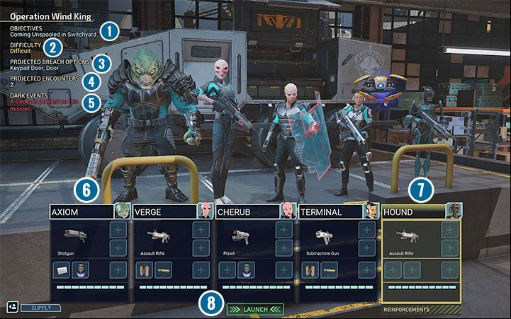 The image above shows pre-mission lobby - XCOM Chimera Squad: Interface - Basics - XCOM Chimera Squad Guide