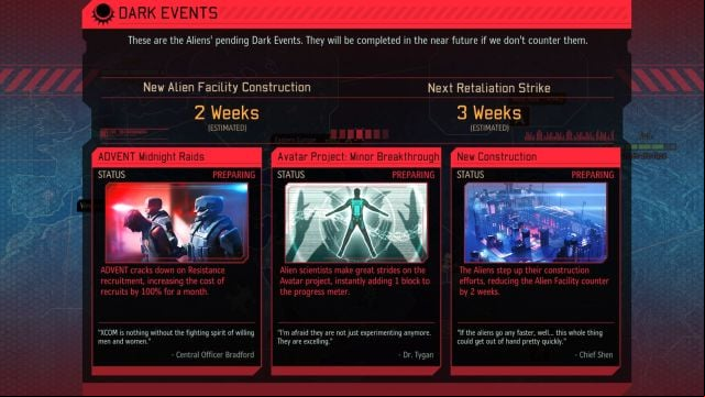 A list of events can be checked by clicking on the text below the AVATAR Project progress bar. - Dark Events | Game mechanics - Game mechanics - XCOM 2 Game Guide