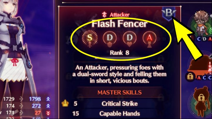 Flash Fencer has attack rank S, defense and health D, A. This means that his strongest abilities are attack and . The top right corner shows Mio's compliance rank for that class. - Xenoblade 3: Character classes - a list of all - Basics - Xenoblade Chronicles 3 Guide