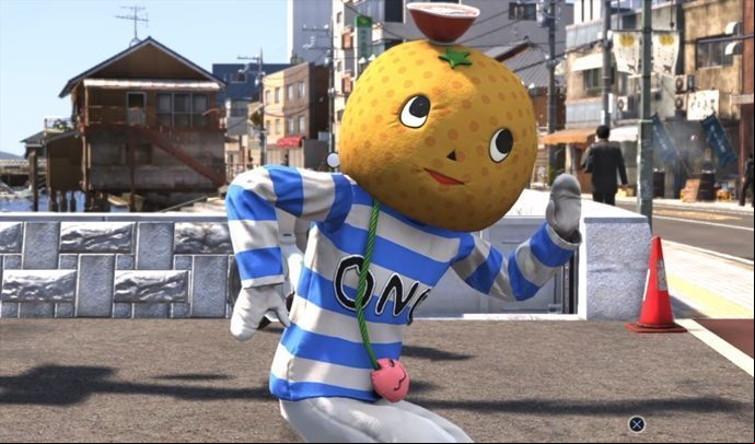 You can find the mascot (the man in disguise) at various locations in Onomichi after completing side mission (Substory 31) number 31 - Yakuza 6 Trophy Guide - Basics - Yakuza 6 Game Guide