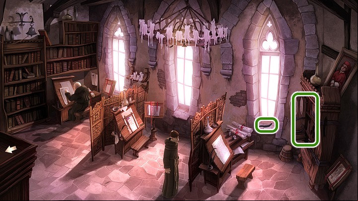 As brother Yago take from open wardrobe a saucer with sea salt (on the upper shelf) and com (bottom shelf) - Chapter Two - The sacred monastery of Santa Brigida | Walkthrough - Walkthrough - Yesterday Origins Game Guide