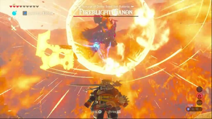 Throw a bomb at your enemy when hes charging his attack to stun him. - Fireblight Ganon | Bossfight in Zelda Breath of the Wild - Bossfights - The Legend of Zelda Breath of the Wild Guide
